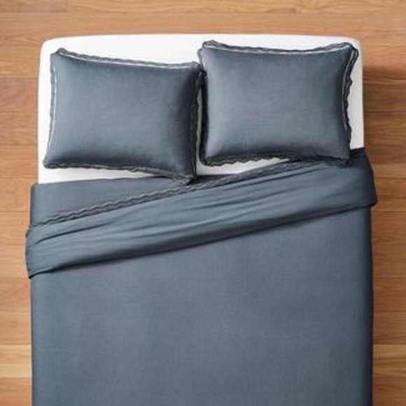 California King Lace Border Cotton Slub Duvet & Sham Set Slate Blue - Threshold - Picture 3 of 6